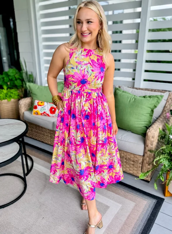 Pink Mix Floral Sleeveless Midi Dress