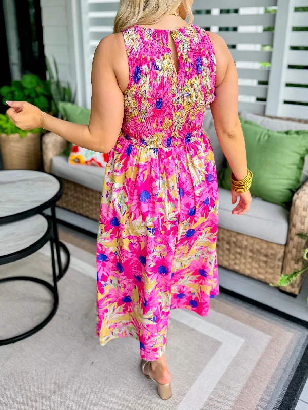 Pink Mix Floral Sleeveless Midi Dress