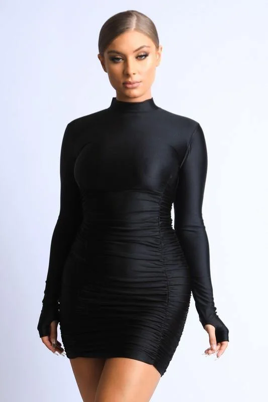 Kenia, Long sleeve mock neck ruched dress