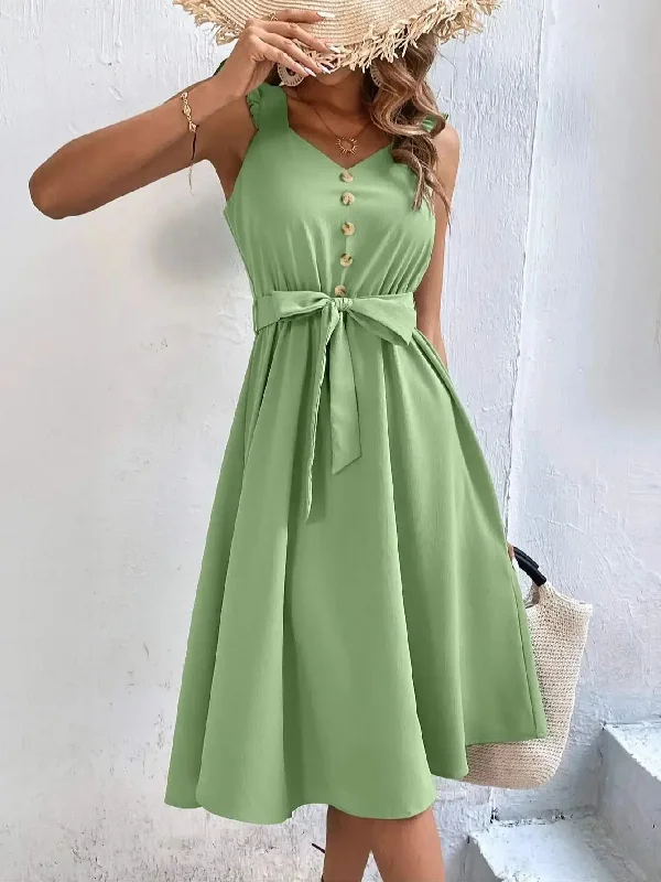 Summer On Sale Clearance Women Sleeveless V-Neck Button Solid Sun Casual Sweet Holiday Party Beach Midi Dress