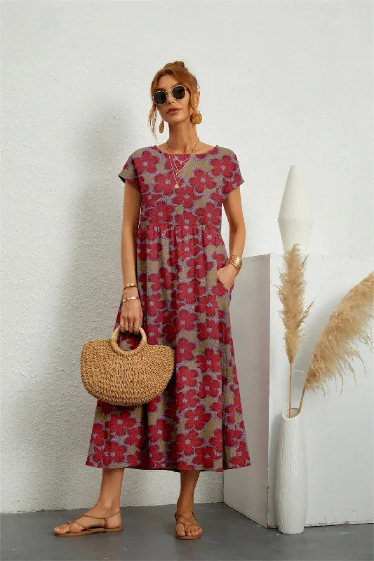 Women Summer Fashion Style Short Sleeve Print O-neck Fold with Pockets Midi Dress