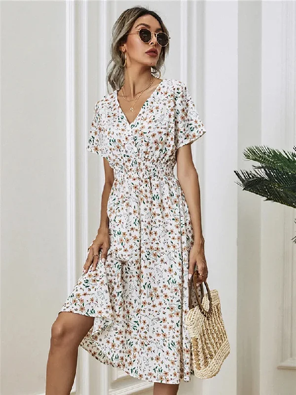 Fashion Summer 2024 for Women Long Short Sleeve Female Chic Clothing Floral Holiday Clothes Midi Dress