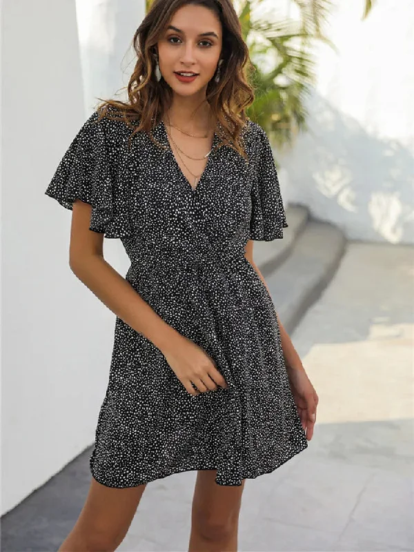 FashionSierra - Women Vintage Sleeve Summer Polka Dot Printed V-Neck Sexy Ladies Casual Beach Party Midi Dress