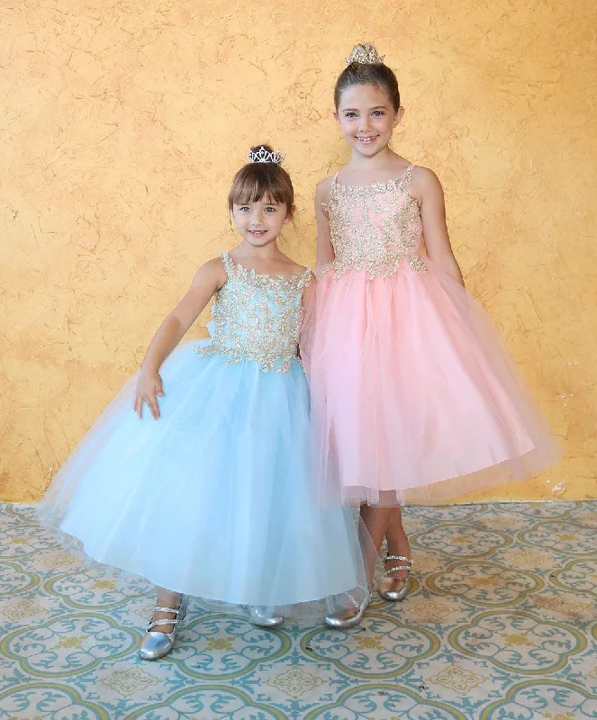 Girls Sleeveless Tulle Dress with Leaf Appliques by Calla D778