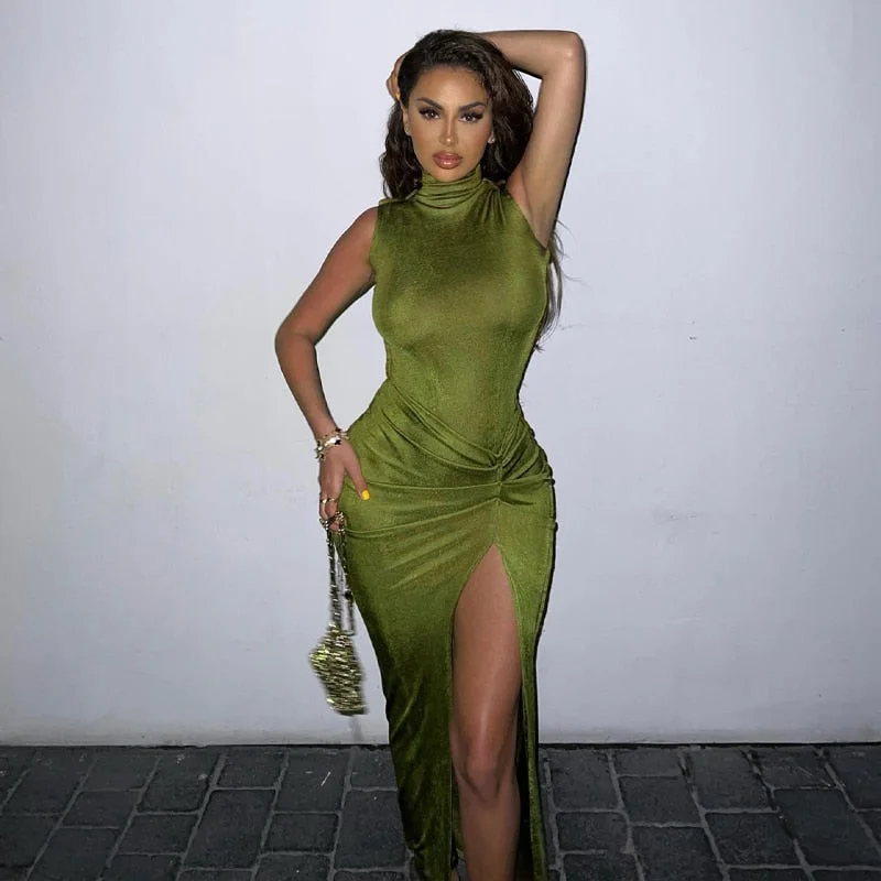 Green Sleeveless Bodycon Split Long Dress