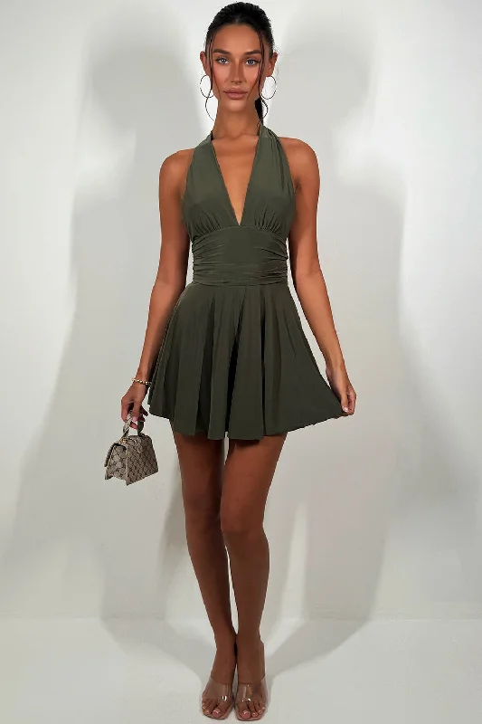 Halter Neck Dress With Open Back Khaki