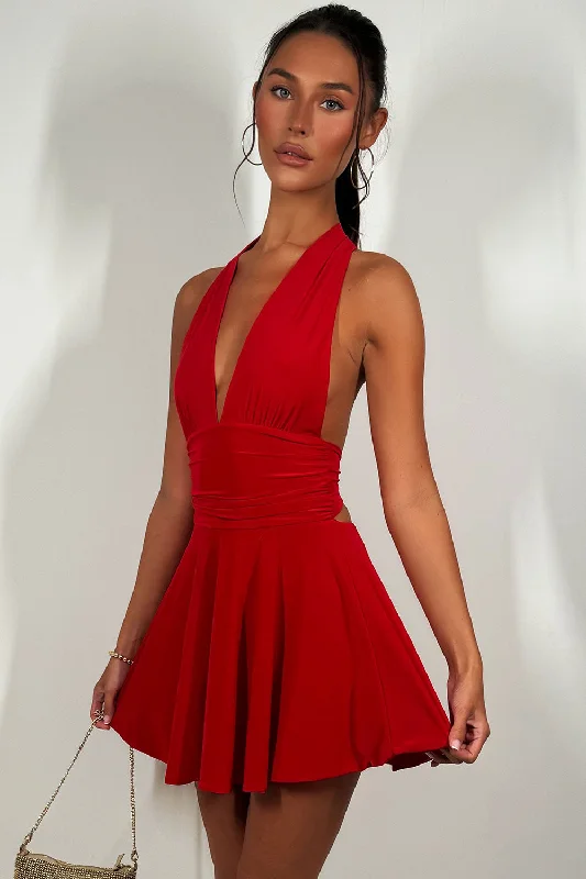 Halter Neck Dress With Open Back Red