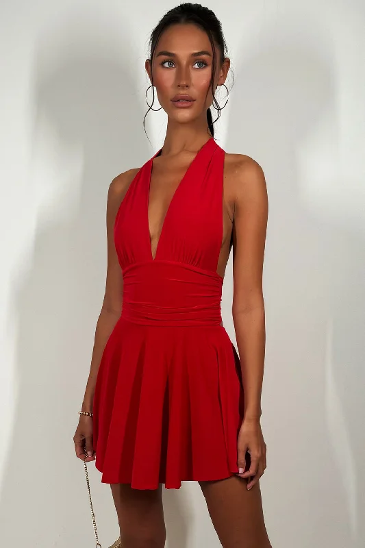 Halter Neck Dress With Open Back Red