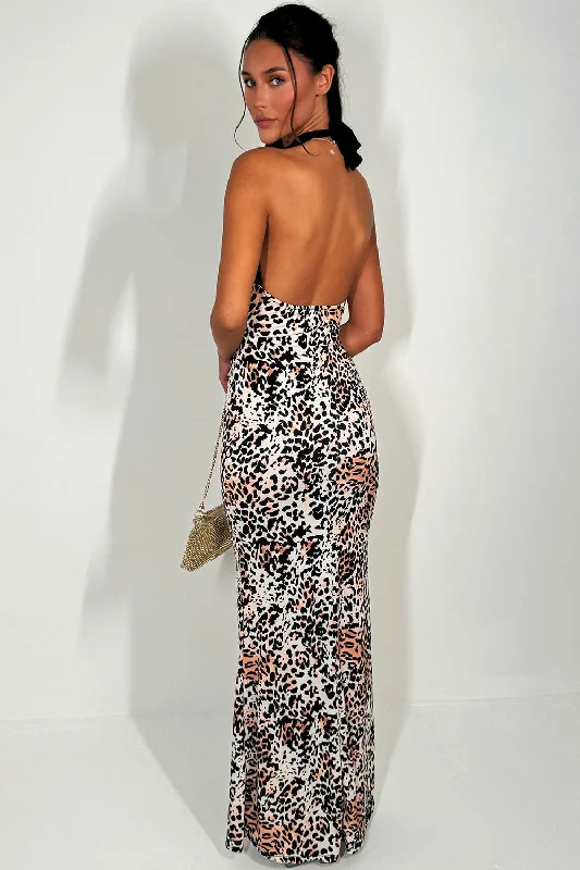 Leopard Print Maxi Dress With Lace Contrast Plunge Neck