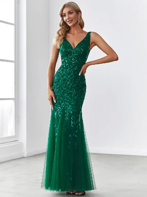 Sexy Wholesale Double V-Neck Sequin Mermaid Maxi Dresses For Evening