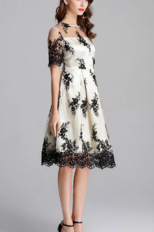 Short Sleeve Embroidered A-line Dress