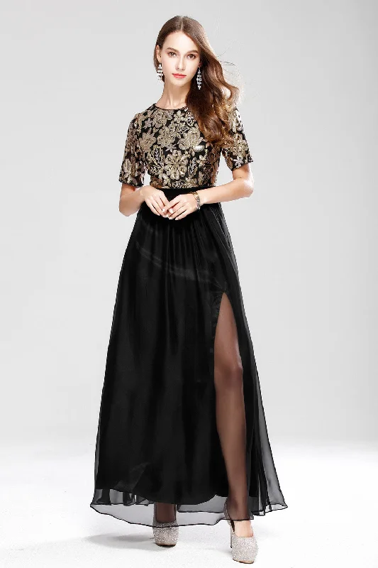 SHORT SLEEVE SEQUIN EMBROIDERY FORMAL DRESS - M/L in Clearance