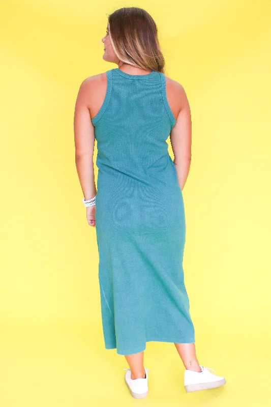 Sleeveless Ribbed Midi-Dress in Pine