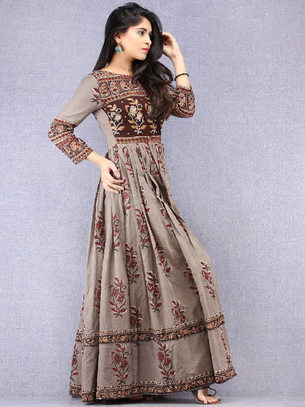 Naaz Falak - Hand Block Mughal Printed Long Cotton Embroidered Dress - DS106F001