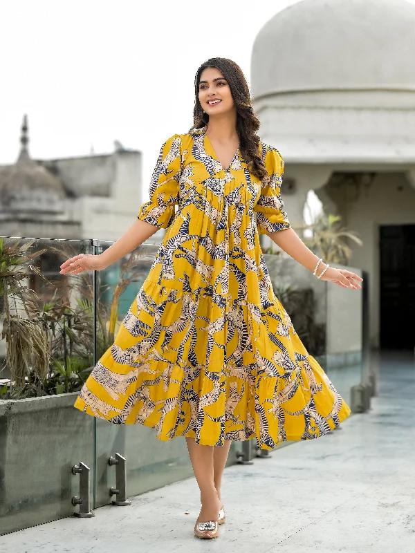 Yellow Safari Puff Sleeves Midi Dress