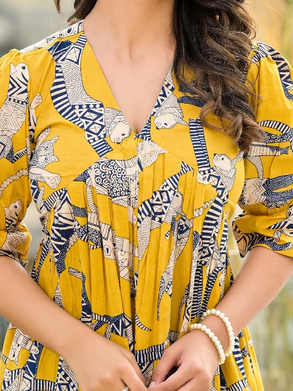 Yellow Safari Puff Sleeves Midi Dress