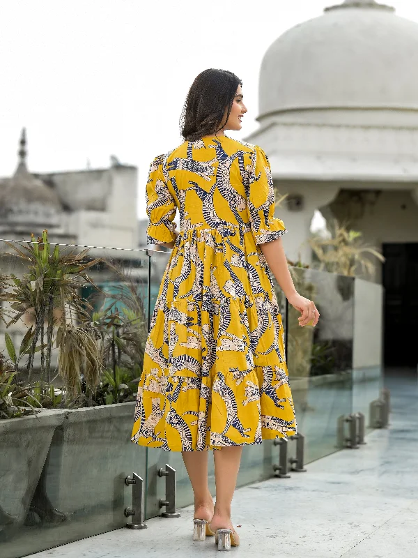 Yellow Safari Puff Sleeves Midi Dress