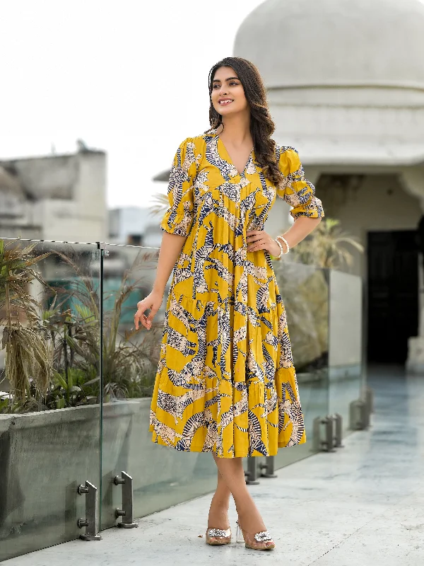 Yellow Safari Puff Sleeves Midi Dress