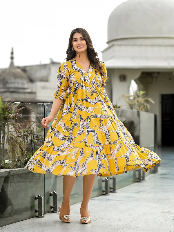 Yellow Safari Puff Sleeves Midi Dress