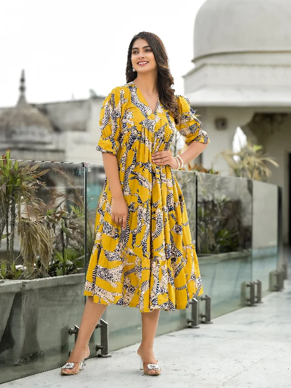 Yellow Safari Puff Sleeves Midi Dress