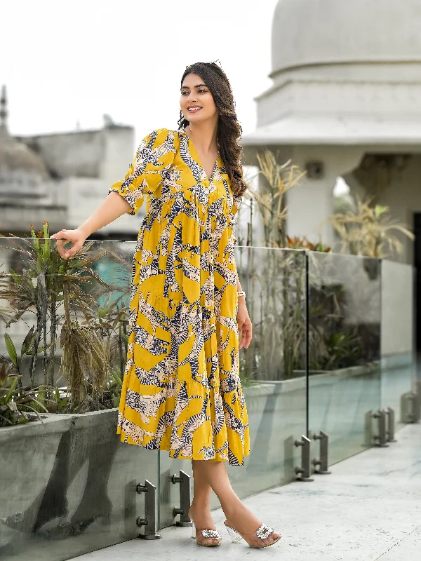 Yellow Safari Puff Sleeves Midi Dress