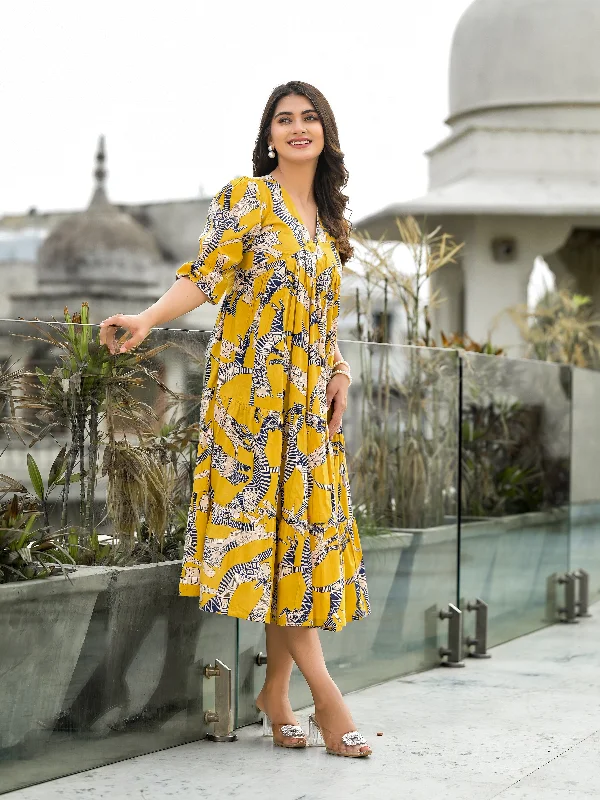 Yellow Safari Puff Sleeves Midi Dress